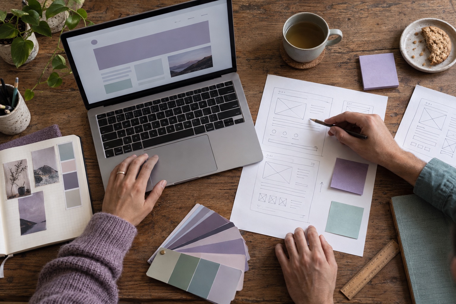 Two people planning a website together using a laptop, hand-drawn wireframes and colour samples