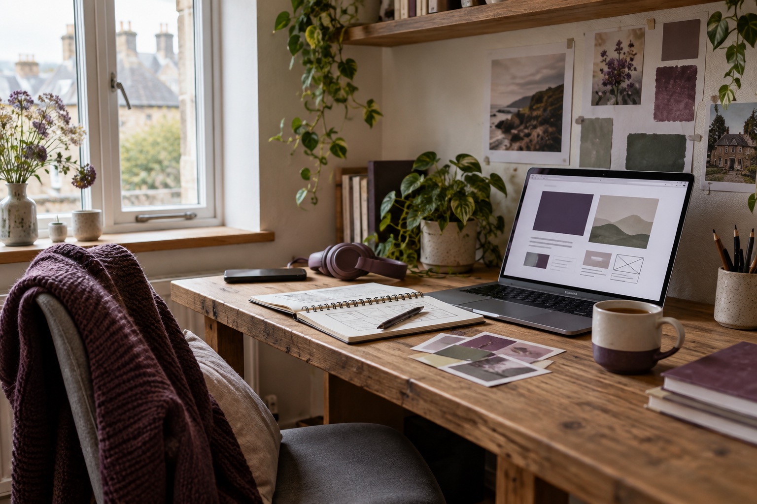 A warm remote digital design workspace with a laptop, sketchbook, colour samples and a mug of tea