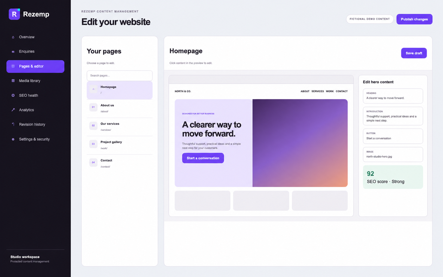Rezemp content management system page editor with a live website preview