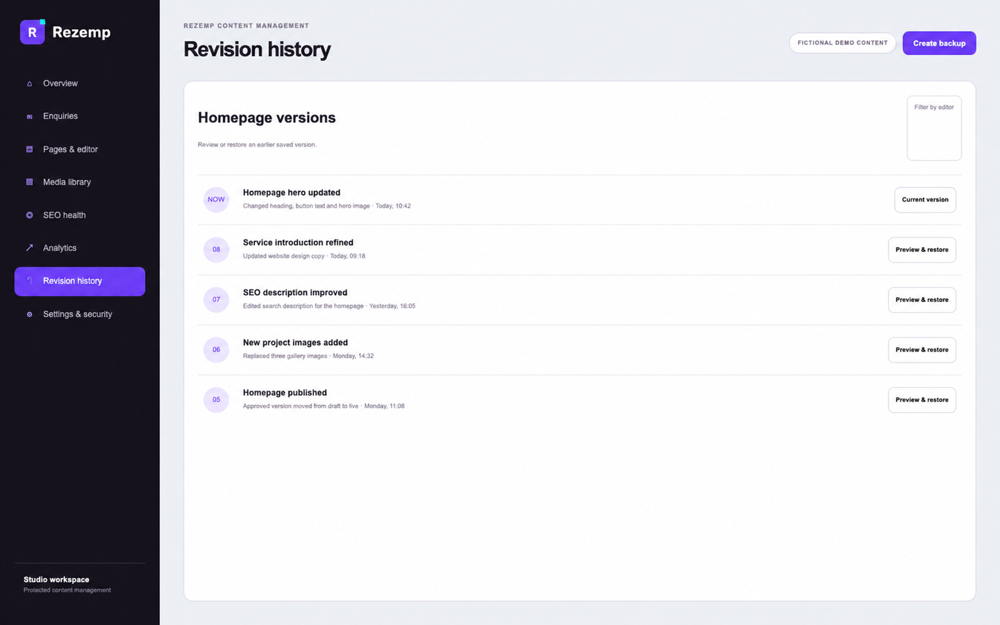 Rezemp CMS revision history with preview and restore controls