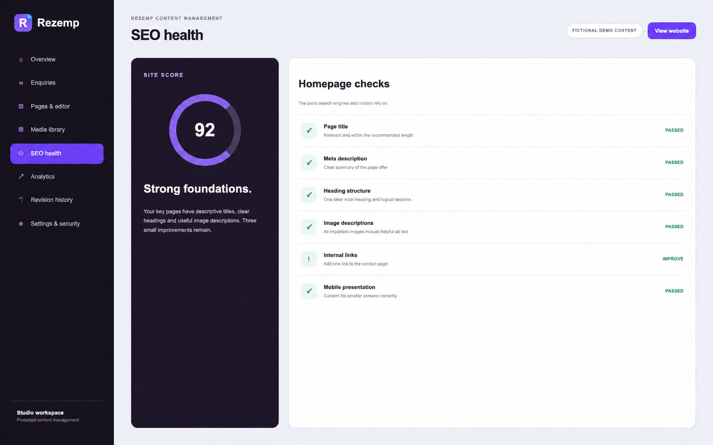 Rezemp CMS SEO health screen with page checks and score