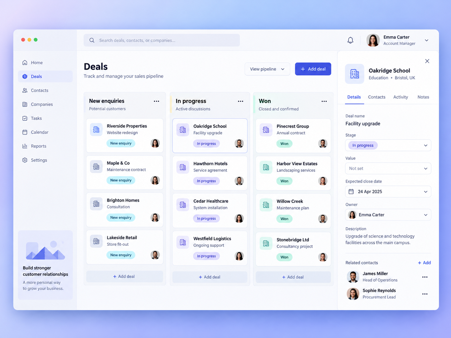 Illustrative CRM sales pipeline with deal stages and a customer record