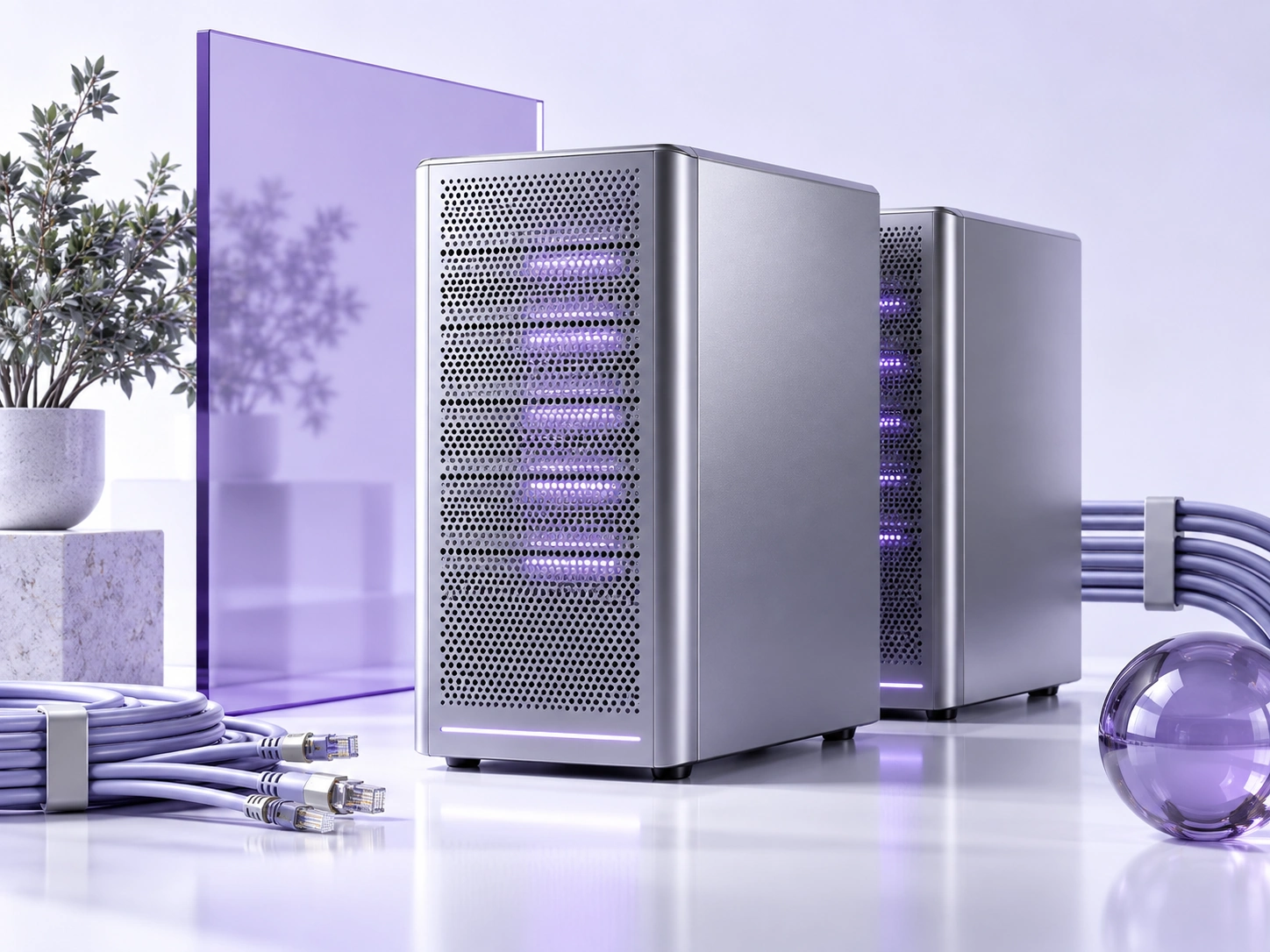 Silver server towers with violet glass and network cables
