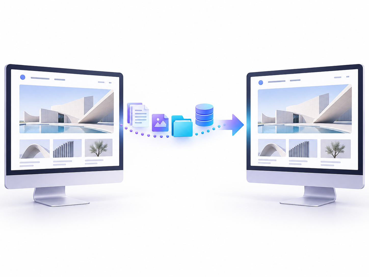 Illustrative website transfer between two matching desktop page previews