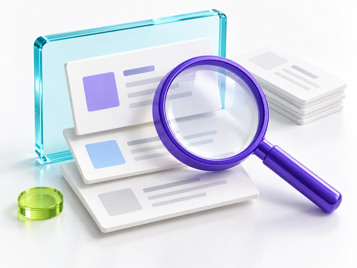 Violet magnifying glass over layered search cards with cyan glass accents