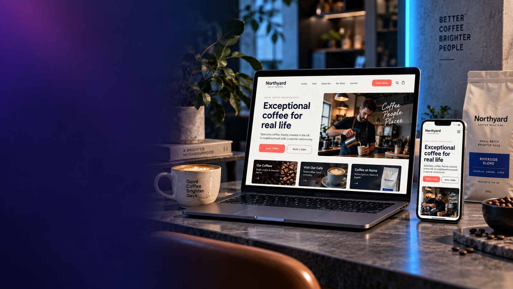 Modern coffee roastery website shown on a laptop and mobile phone