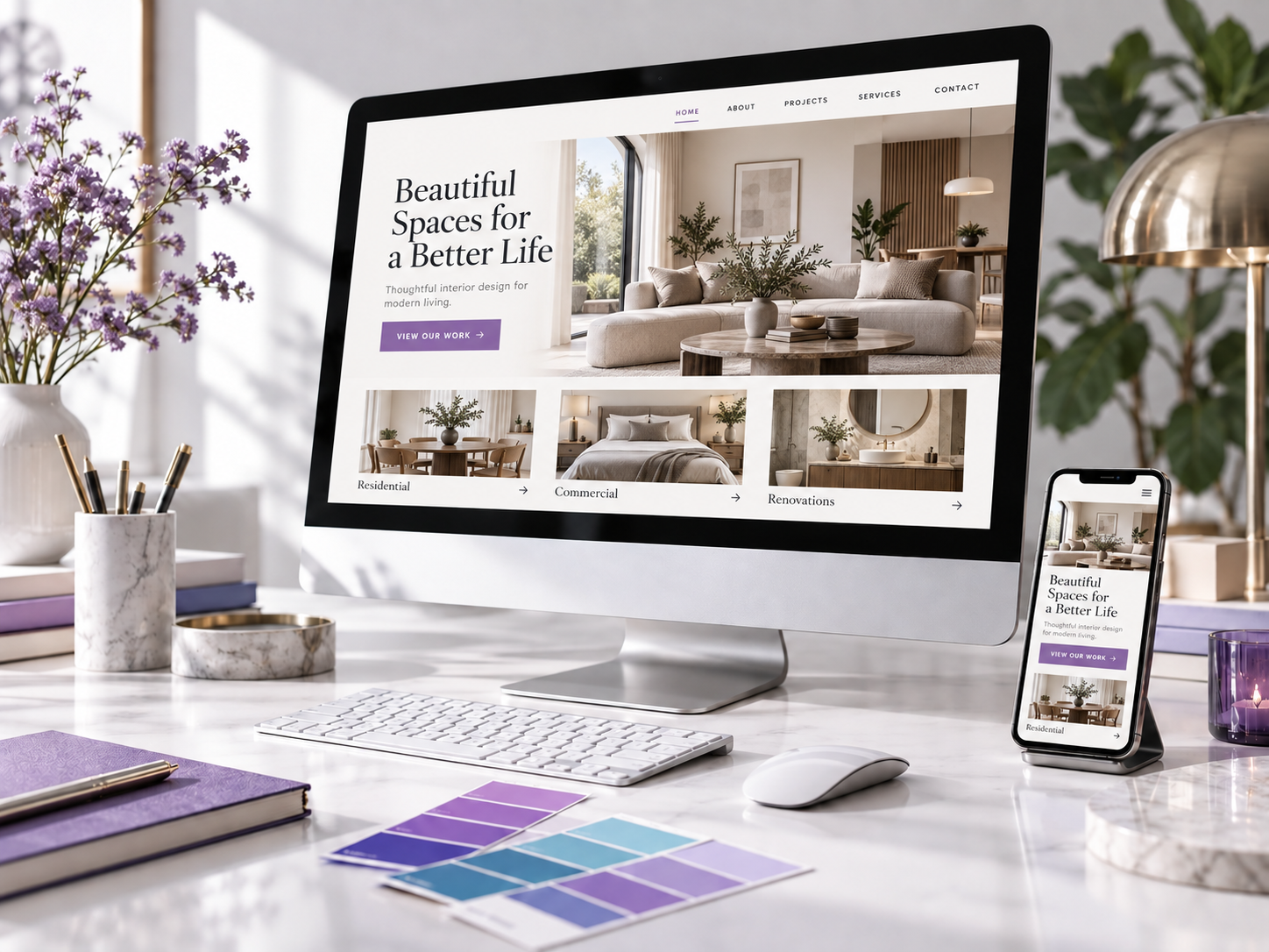 Elegant interior design website shown on desktop and mobile